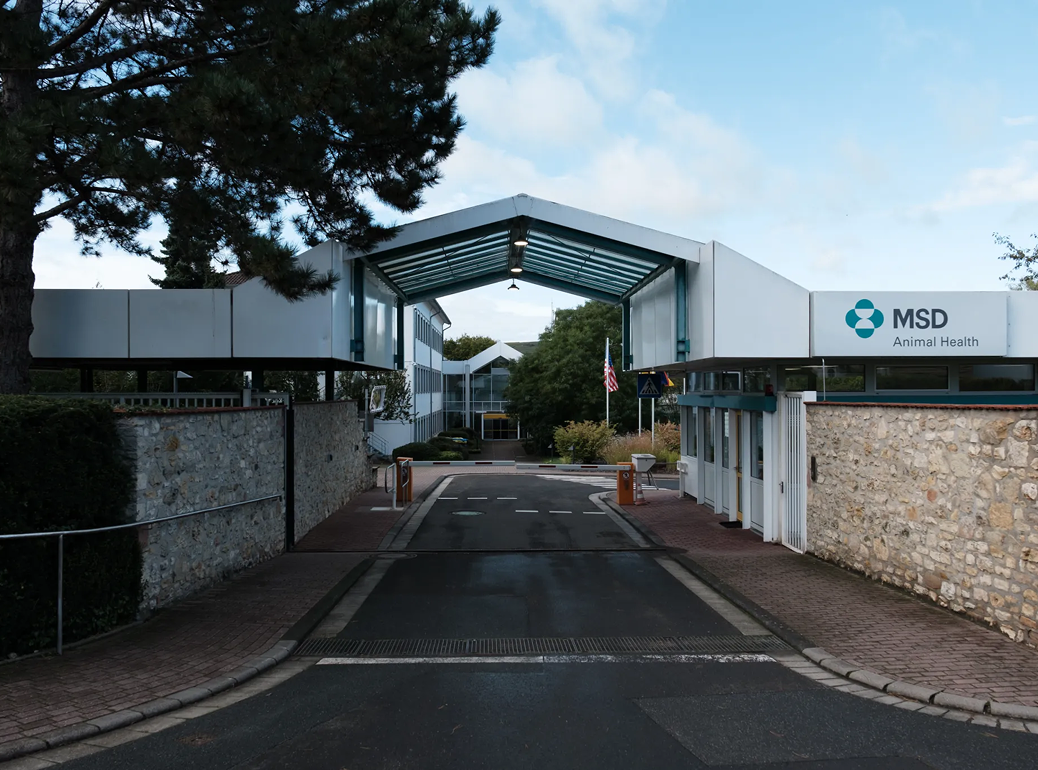MSD Animal Health Standort Außenansicht der Einfahrt zum MSD Animal Health Gelände mit Firmenlogo und Glasdachkonstruktion.