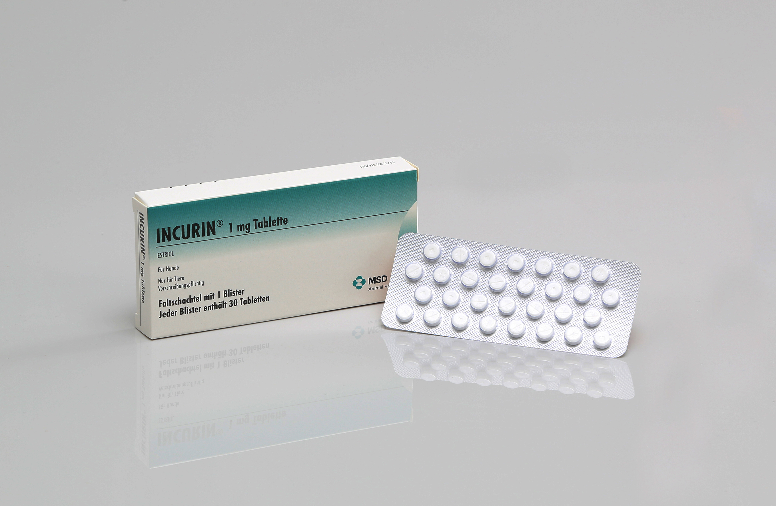 164578_Incurin-msd Verpackung des Tierarzneimittels INCURIN® Tabs von MSD Animal Health mit sachlichem Design, Produktname, Darreichungsform und Herstellerlogo auf der Vorderseite.