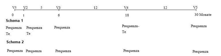 Vergleich von Behandlungsschemata Zeitstrahl-Diagramm in Monaten (0 bis 30) zum Vergleich von zwei Behandlungsschemata (Schema 1 und Schema 2) mit markierten Zeitpunkten V1 bis V5.