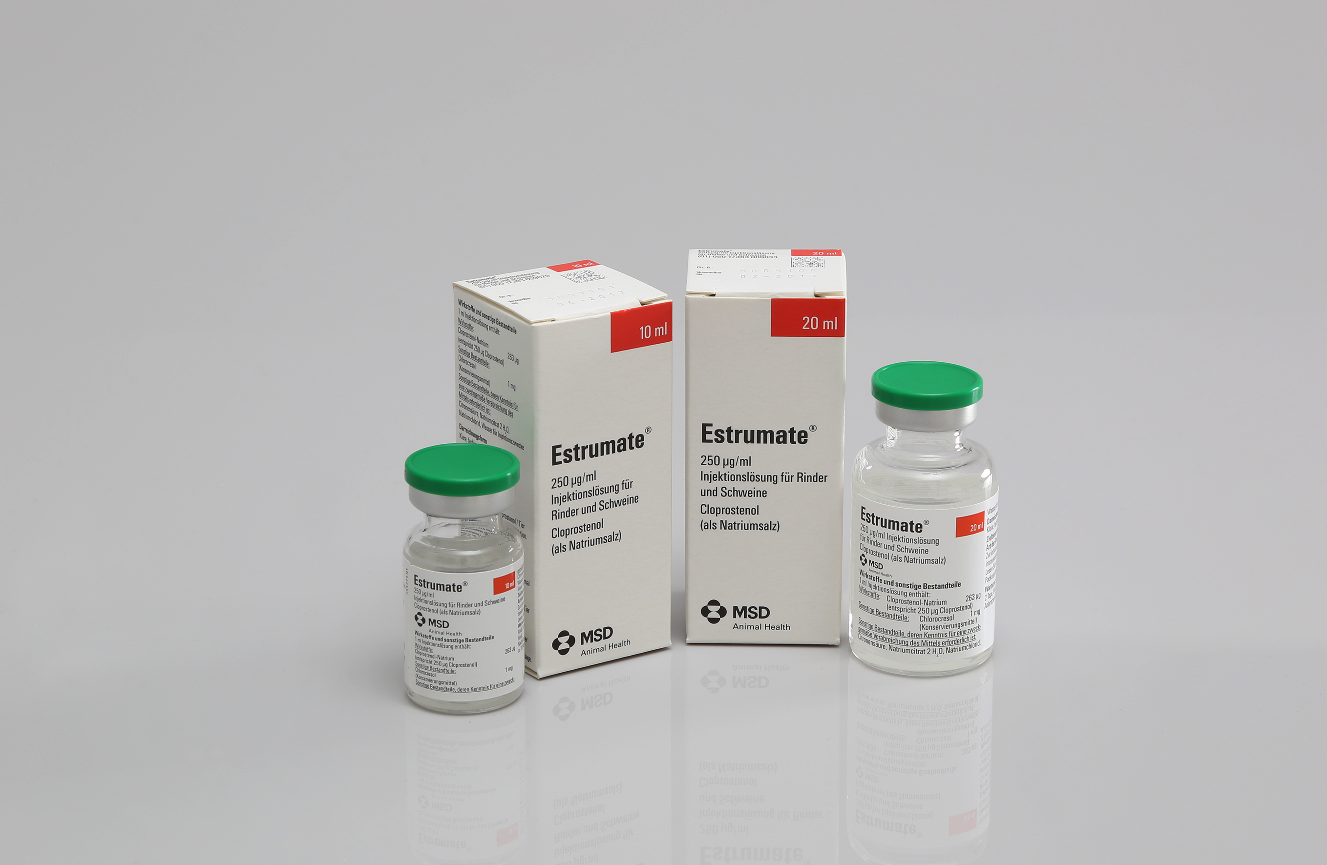 Estrumate-msd Verpackung des Tierarzneimittels ESTRUMATE von MSD Animal Health mit weiß-grünem Design, Produktname, Wirkstoffangaben und Herstellerlogo auf der Vorderseite.