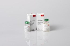 Estrumate Verpackung des Tierarzneimittels ESTRUMATE von MSD Animal Health mit weiß-grünem Design, Produktname, Wirkstoffangaben und Herstellerlogo auf der Vorderseite.