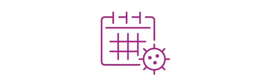 Kalender und Virus Icon Violettes Icon eines Kalenderblatts kombiniert mit einem Virus-Symbol.