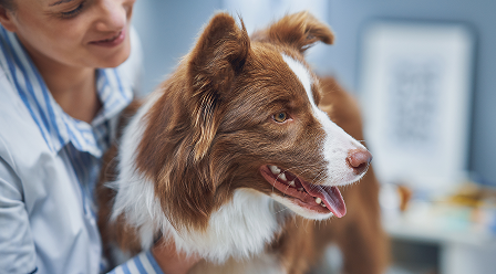 Tierarzt hält einen Hund während einer Klinikuntersuchung.