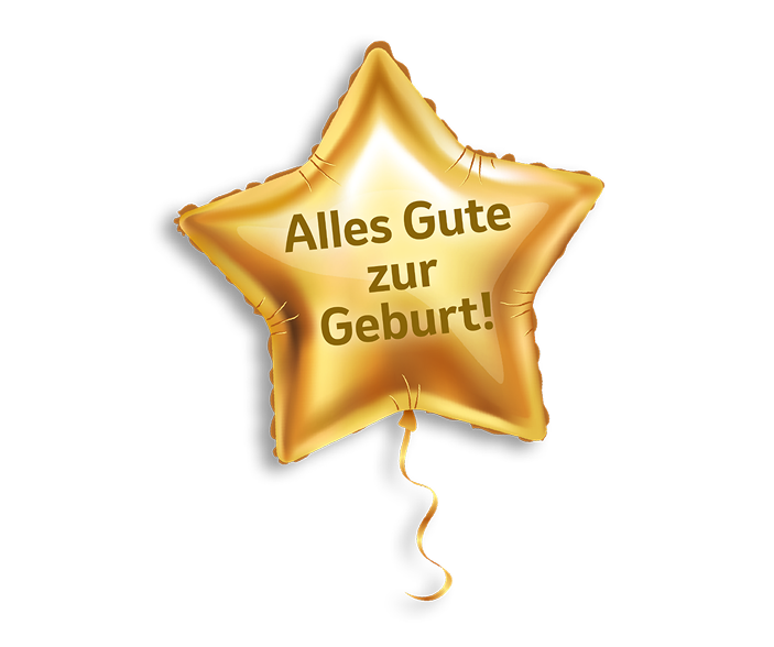 Geburtsballon Stern Goldener sternförmiger Luftballon mit Text „Alles Gute zur Geburt!“ auf schwarzem Hintergrund, festlich und feierlich