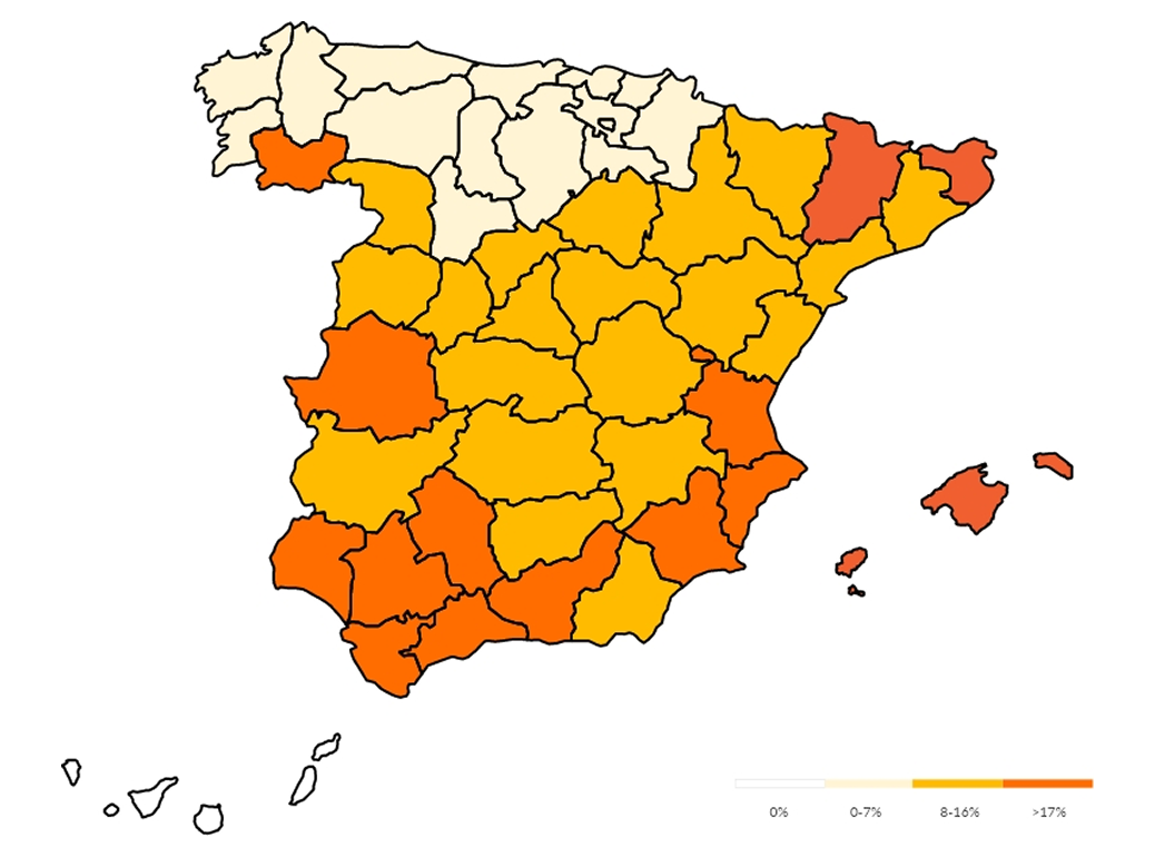 Eine thematische Karte von Spanien, die regionale Daten in verschiedenen Schattierungen von Weiß, Gelb und Orange sowie eine Legende mit Prozentwerten zeigt.