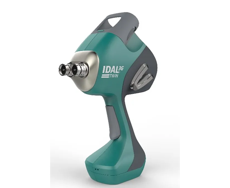 IDAL 3G Twin Impfgerät Das nadellose Impfgerät IDAL 3G Twin in Türkis und Grau auf weißem Hintergrund.