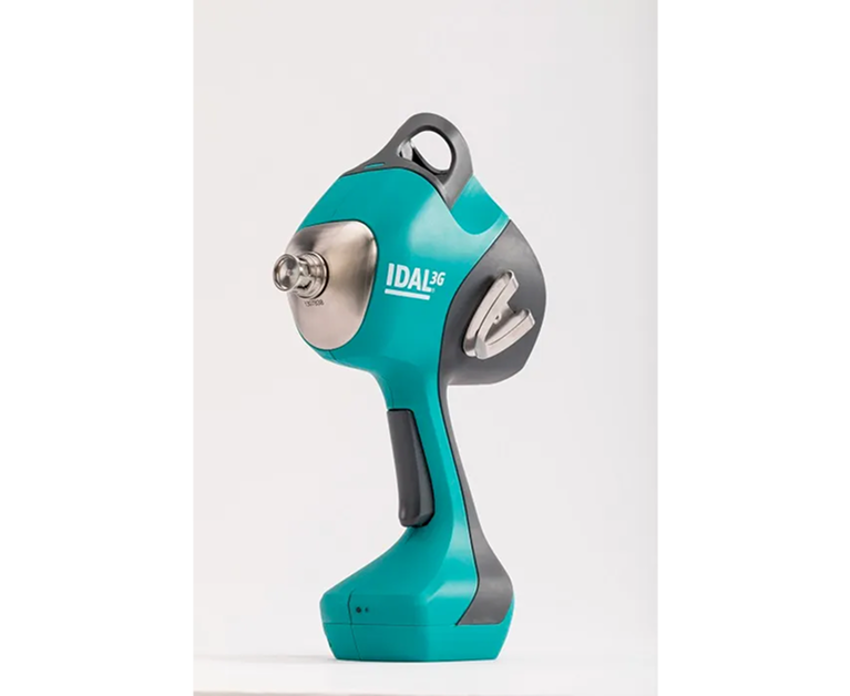 IDAL 3G Impfgerät Ein IDAL 3G Gerät zur nadellosen Impfung in Türkis und Grau vor weißem Hintergrund.
