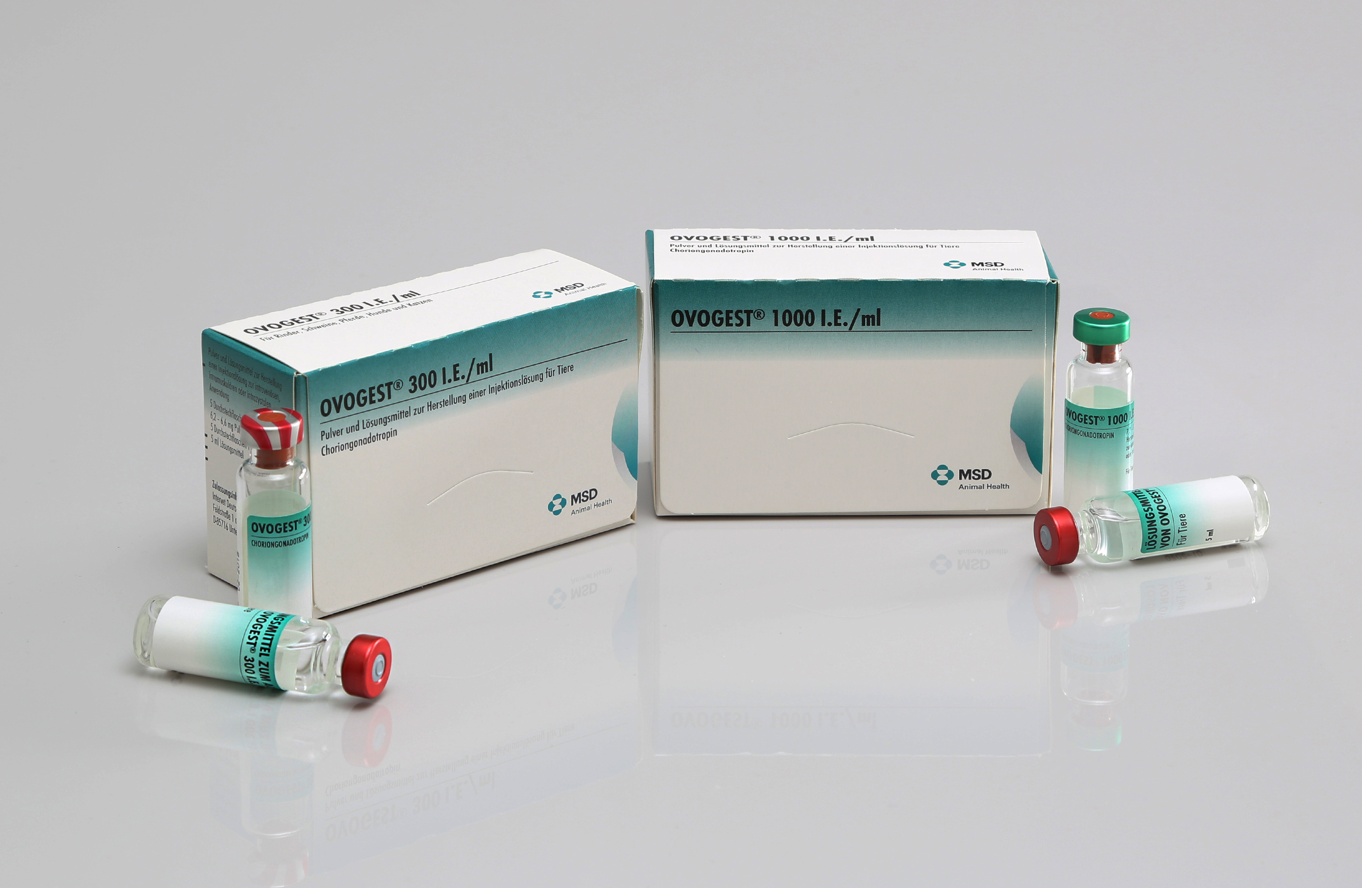 Ovogest-msd Ovogest® 300 I.E./ml – Impfstoff, Verpackung und Flasche von MSD Animal Health