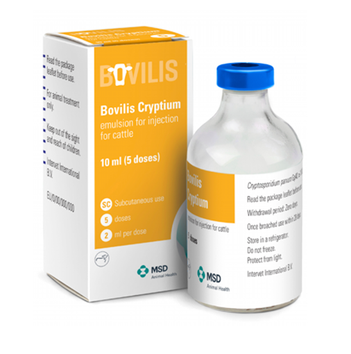 Bovilis® Cryptium Box und Durchstechflasche von Bovilis® Cryptium, Emulsion zur Injektion bei Rindern, orange-weiße Box, blaue Kappe der Flasche, klinisch und veterinär