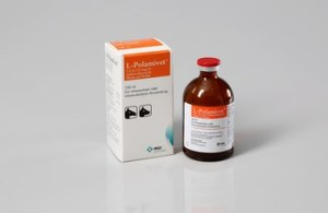 Verpackung des Tierarzneimittels L-POLAMIVET® von MSD Animal Health mit sachlichem Design, Produktname, Arzneimittelkennzeichnung und Herstellerlogo auf der Vorderseite.“