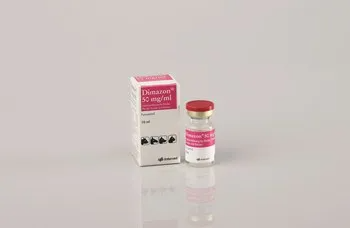 Dinazon 50 mg/ml-Durchstechflasche mit rotem Verschluss neben rosa-weißem Karton.