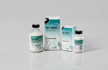 Drei Porcilis ERY+PARVO Flaschen und Boxen in verschiedenen Größen.