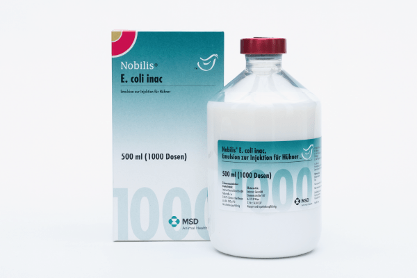 NOBILIS® E.coli INAC – Impfstoff, Verpackung und Flasche von MSD Animal Health