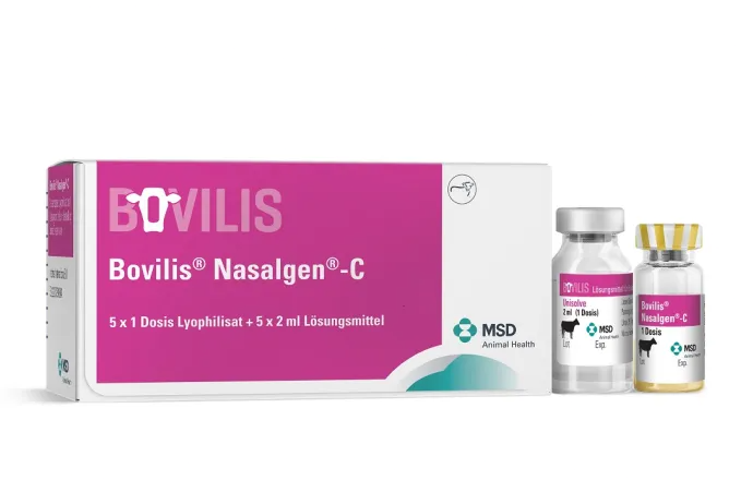 Bovilis Nasalgen-C-Box und Fläschchen mit rosa-weißer Verpackung.