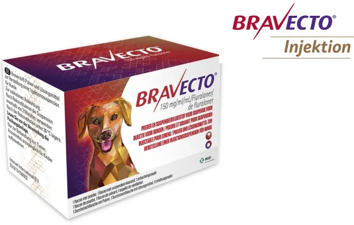 Produktverpackung von Bravecto 150 mg/ml Injektion für Hunde mit einer stilisierten Hundeillustration und dem MSD-Logo.