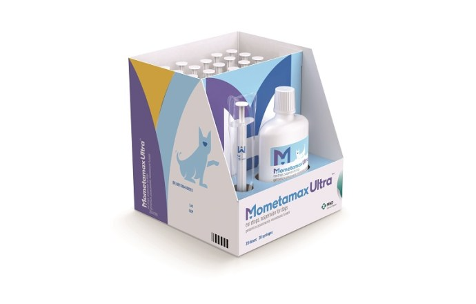 MOMETAMAX® ULTRA von MSD Animal Health, pharmazeutisches Tierarzneimittel, dargestellt mit Produktverpackung und Applikationsbehälter.