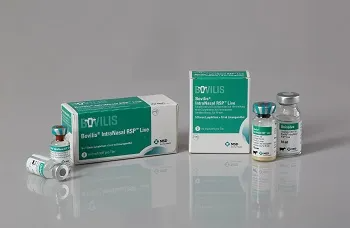 Bovilis Intranasal RSP Live-Boxen und Fläschchen auf grauer Oberfläche.