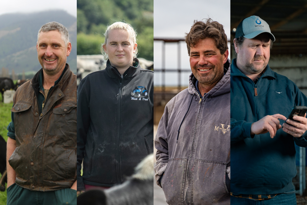 Eine Collage aus vier Porträts verschiedener Landwirte und Landwirtinnen in Arbeitskleidung, wobei eine Person ein Smartphone zur Datenkontrolle nutzt.