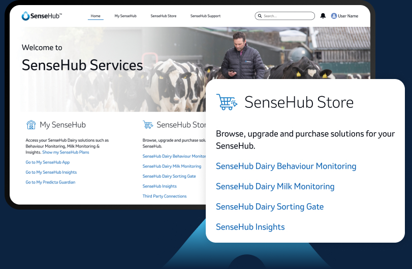 Screenshot der SenseHub Services Webseite mit Fokus auf das Store-Menü und verschiedene Monitoring-Lösungen.