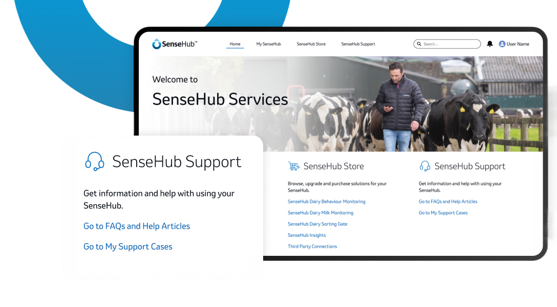 Screenshot der SenseHub Services-Webseite mit Optionen für Support, Store und FAQs sowie einem Hintergrundbild eines Landwirts bei Milchkühen.