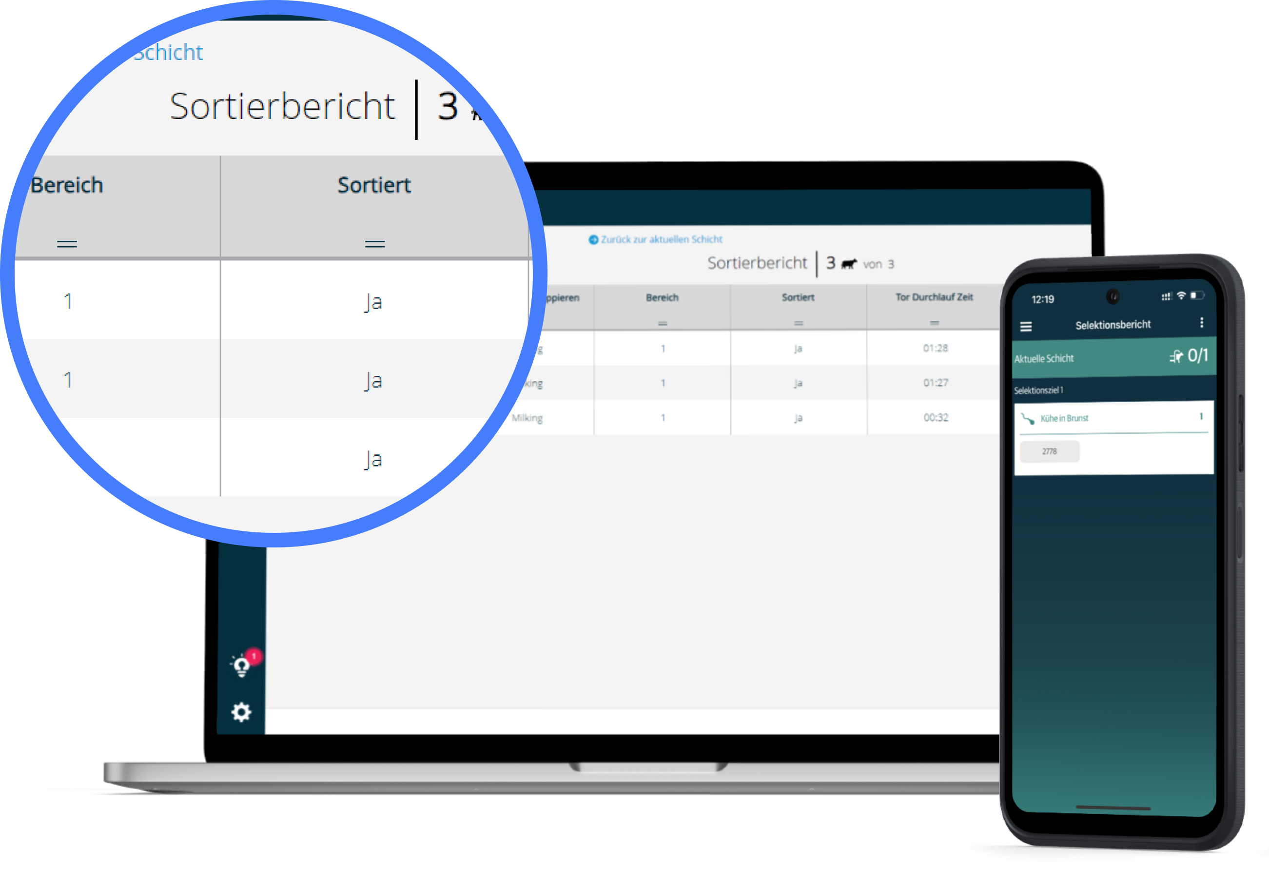 Digitaler Sortierbericht Laptop und Smartphone mit einer Sortierbericht-Oberfläche für die Nutztierhaltung, inklusive einer Lupenansicht der Tabelle.