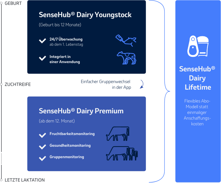 Infografik zum SenseHub Dairy Lifetime Programm, die den Lebenszyklus einer Kuh von der Geburt bis zur letzten Laktation zeigt, unterteilt in Youngstock- und Premium-Monitoring-Phasen.