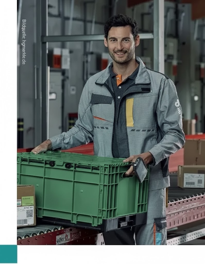 Ein lächelnder Lagerarbeiter in grauer Arbeitskleidung hält eine grüne Kunststoffkiste an einem Förderband.