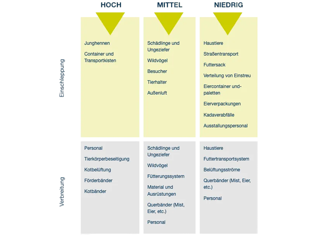 Flowchart mit drei Spalten Hoch, Mittel und Niedrig, zeigt Faktoren für Bereitstellung und Verteilung auf verschiedenen Ebenen