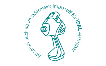 Stilisierte Liniengrafik eines IDAL-Impfgeräts mit kreisförmigem deutschem Werbetext.