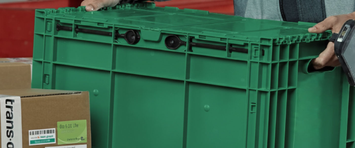 Eine grüne Kunststoffbox wird von Händen gehalten, daneben ein Karton mit Versandetikett.