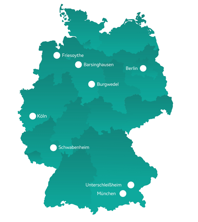 Deutschlandkarte mit Standorten Eine stilisierte Landkarte von Deutschland in verschiedenen Türkistönen mit weißen Markierungspunkten für ausgewählte Standorte wie Berlin, Köln und München.