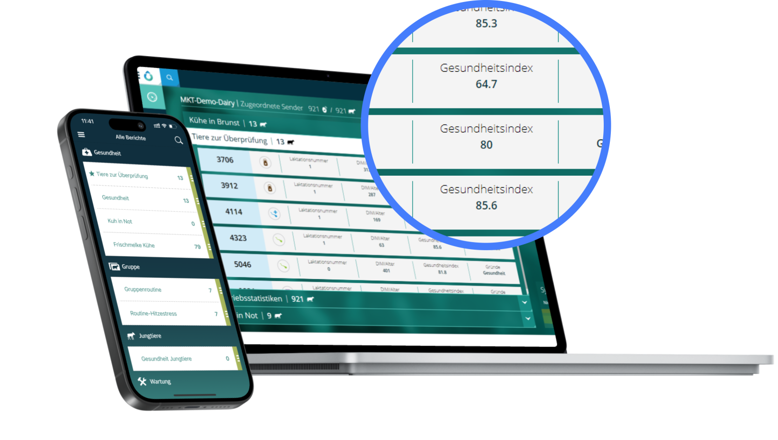 Ein Laptop und ein Smartphone zeigen Dashboards mit dem "Gesundheitsindex" für Milchvieh, ergänzt durch eine Lupenansicht technischer Daten.
