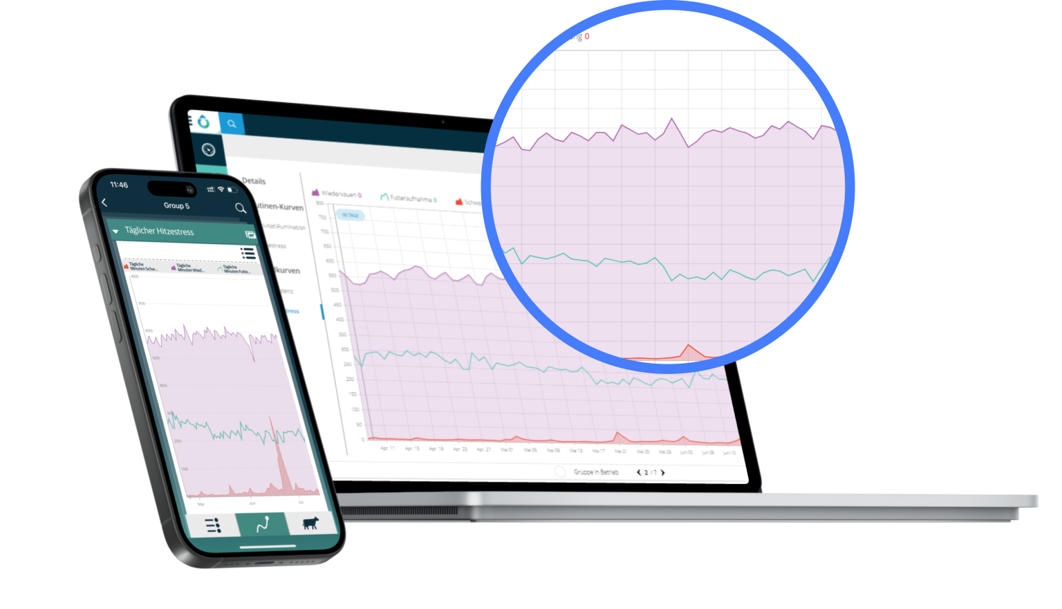 Laptop und Smartphone zeigen Daten-Dashboards mit Liniendiagrammen zur Analyse von Hitzestress bei Viehbestand.