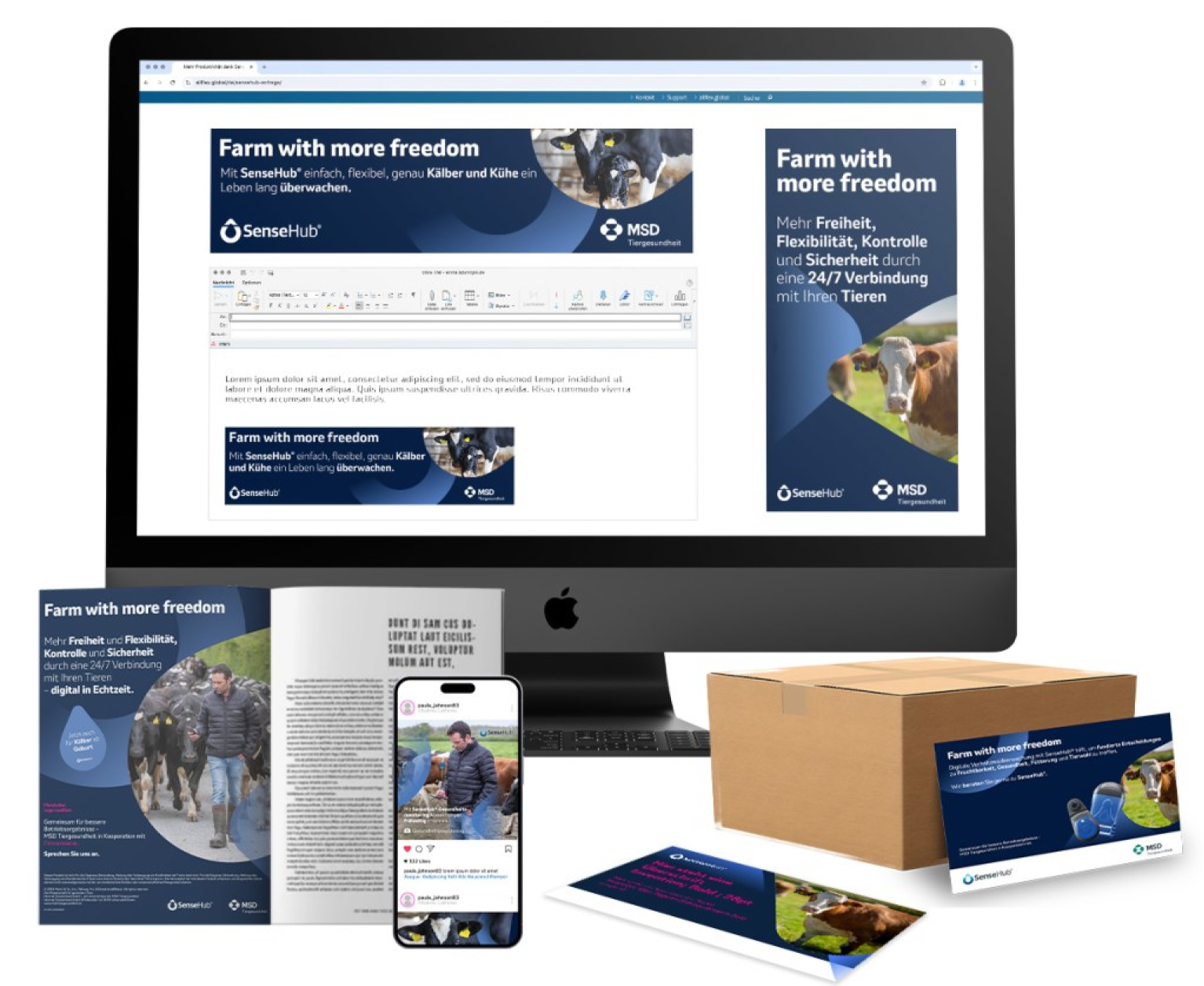 Verschiedene Marketingmaterialien von SenseHub und MSD Tiergesundheit, darunter ein Monitor, ein Smartphone, Broschüren und ein Versandkarton mit dem Slogan „Farm with more freedom“.