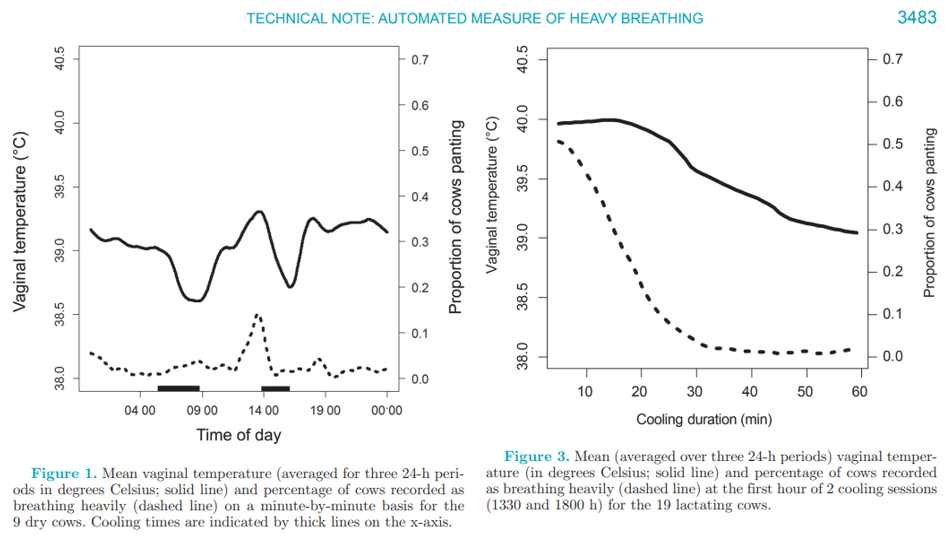 Zwei wissenschaftliche Liniendiagramme zur automatisierten Messung von Schweratmung bei Kühen. Gezeigt werden der Zusammenhang zwischen der Vaginaltemperatur und dem Anteil hechelnder Tiere im Tagesverlauf sowie während Abkühlungsphasen.