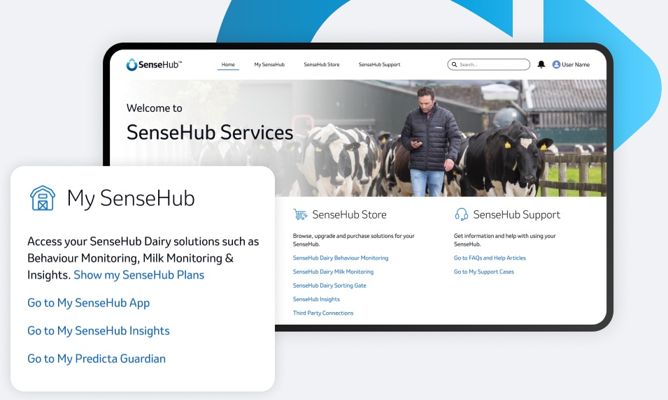 Benutzeroberfläche der „SenseHub Services“ Website mit Optionen für Monitoring-Lösungen und Support vor einem Hintergrundbild eines Landwirts mit Kühen.