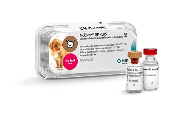 Nobivac DP PLUS Verpackung des Nobivac DP PLUS Impfstoffs für Hunde mit Welpenbild und Fläschchen.