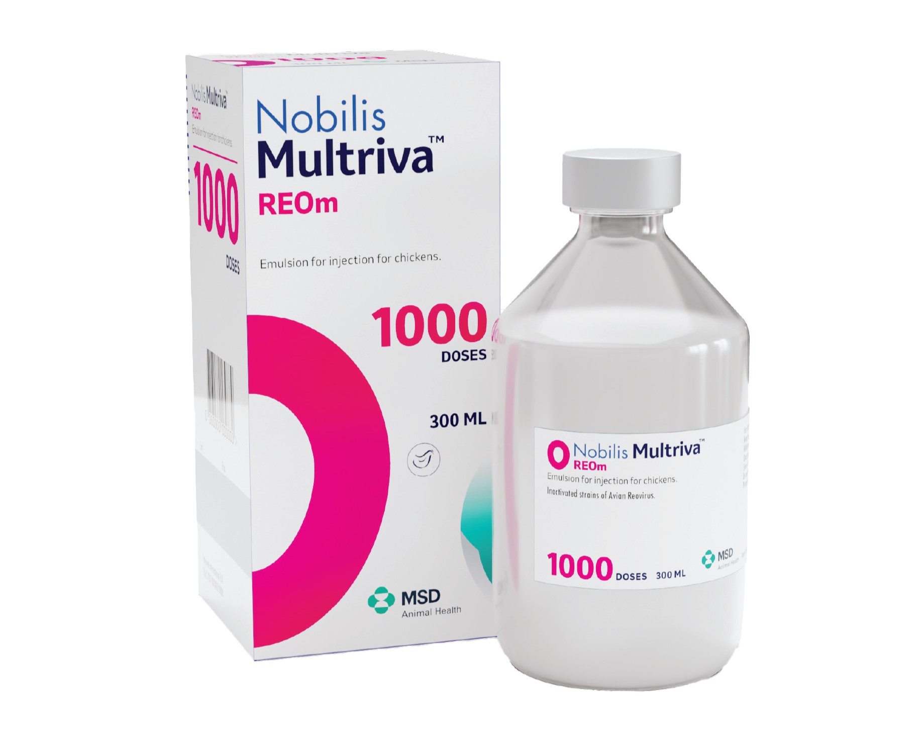 Nobilis Multriva REOm Glasflasche neben buntem Karton mit weißer Fluessigkeit