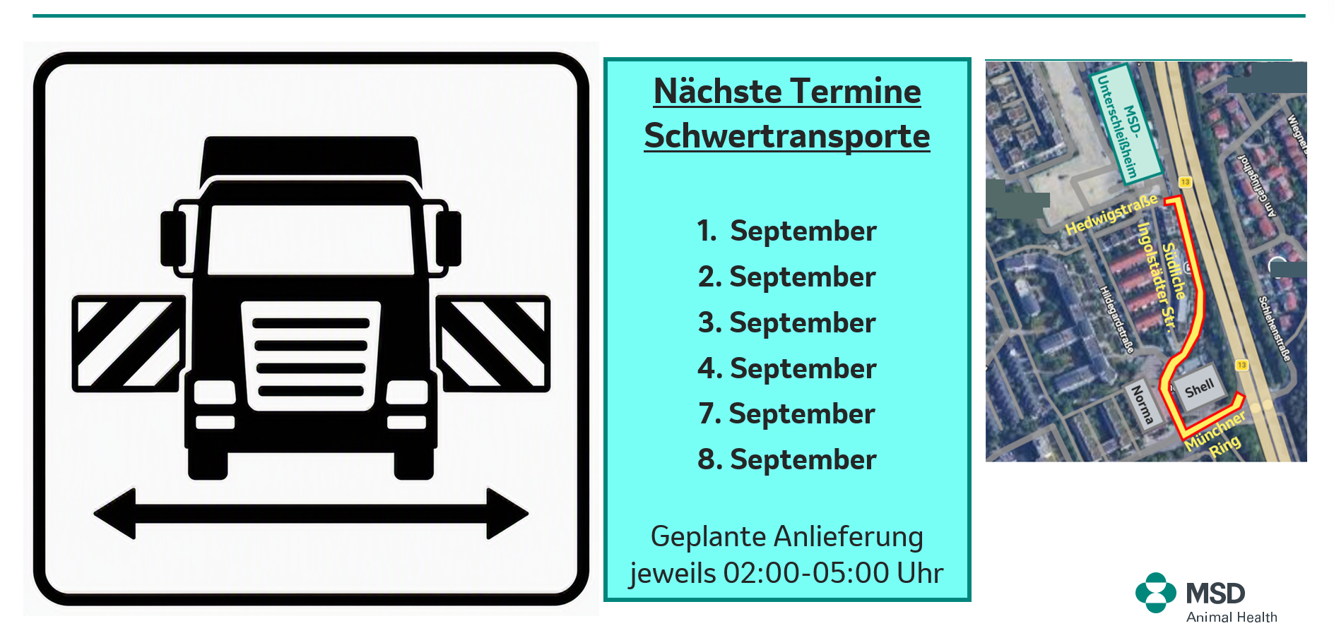 Piktogramm, Daten und Luftbild für eine Übersicht der Schwertransporte im kommenden Monat