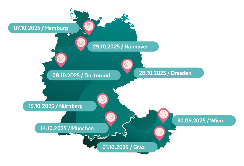 Deutschland- Österreichkarte mit allen Veranstaltungsdaten und -orten