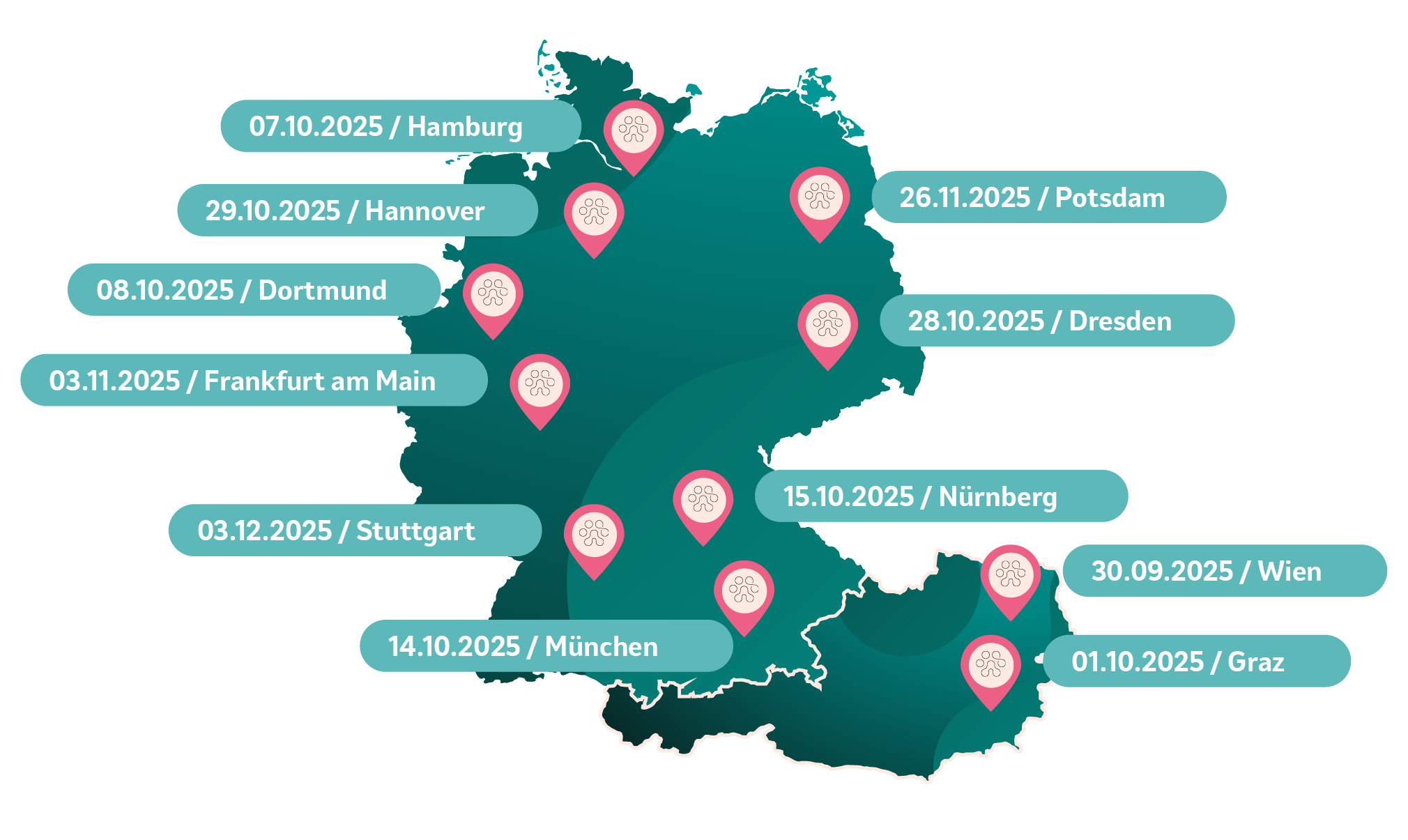 Landkarte mit allen Veranstaltungsorten der Expertise Kompakt Dermatologie